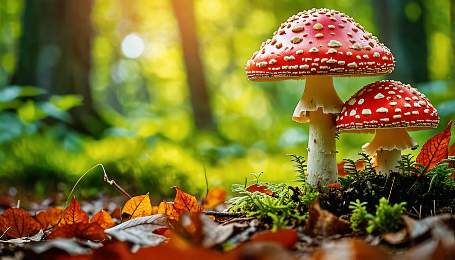 Colorful amanita mushrooms growing in a lush forest, highlighting their distinctive red caps with white spots