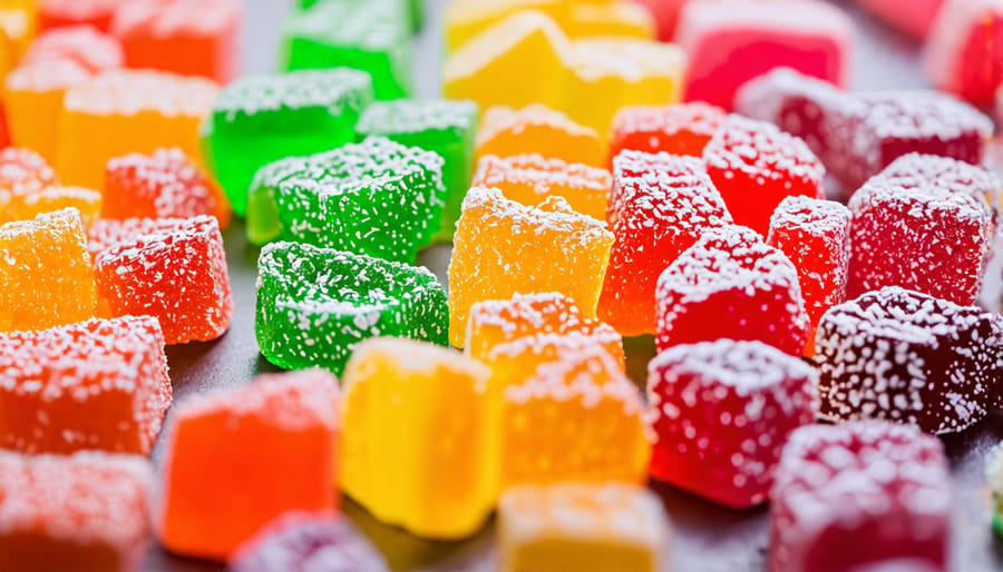 Freeze dried candies in various shapes and colors displayed attractively