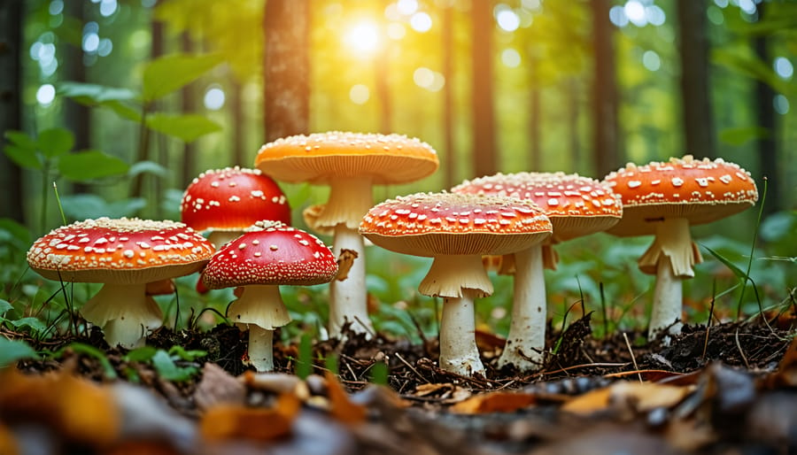 A group of tourists guided by an expert exploring amanita mushrooms in a scenic Ontario woodland