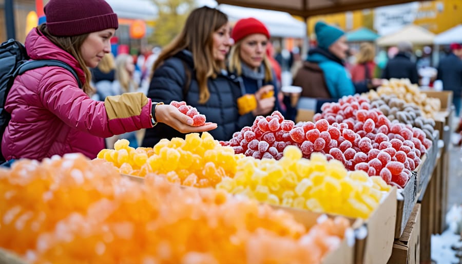 Group of tourists enjoying freeze dried candies at a local Ontario business